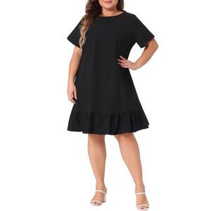 Plus Size Ruffle Hem Casual Short Sleeve Chambray Dresses Black